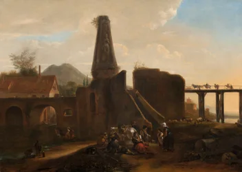 Reizigers in rust bij klassieke ruïnes, 1663