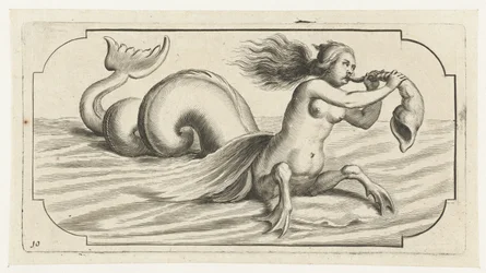 Een vrouwenfiguur blaast op een schelp (Nouveau Livre des Dieux et Deeßes De la Marine Bouckje van Zeegoden en Godinnen)