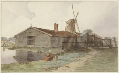 Molen met houten gebouwen bij Amsterdam