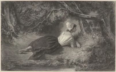 Meisje, liggend onder bomen bij een water