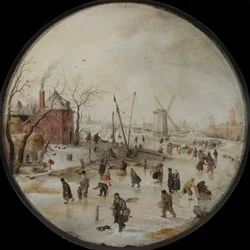 Bevroren rivier met schaatsers