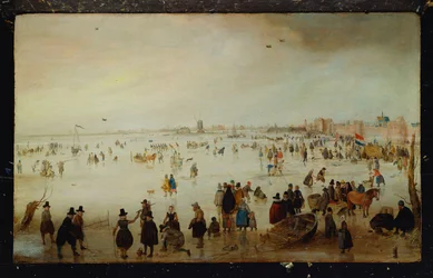 Schaatsers, golfspelers, elegante dames en heren op bevroren wateren bij de Broederpoort in Kampen
