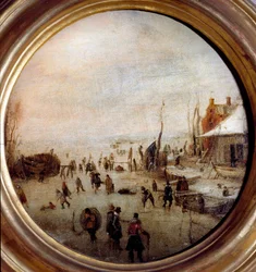 Winterlandschap met schaatsers en hockeyspelers