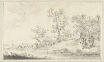 Landschap met een groep van vier personen, links vee