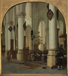 Uitzicht binnen de Sint-Bavokerk in Haarlem tijdens de mis, 1666