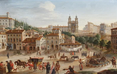 Rome, Santa Trinita dei Monti en het Piazza di Spagna (olieverf op koper)