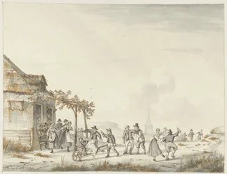 Dorpsfeest bij een herberg aan de duinen