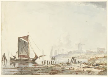 Schepen op een rivier, bij de oever