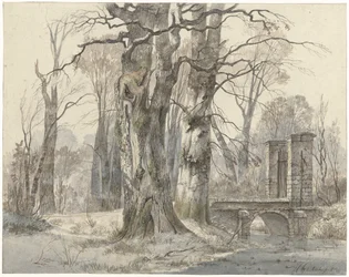 Winterlandschap met poort tussen bomen