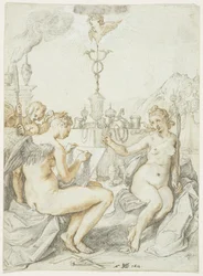 Allegorie op de kunst van het tekenen met het embleem van de kunstenaar, 1612