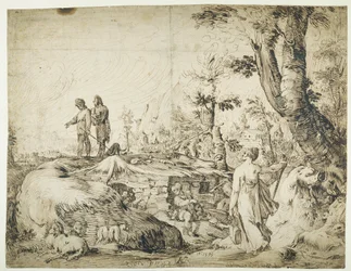 Landschap met boeren bij een hut