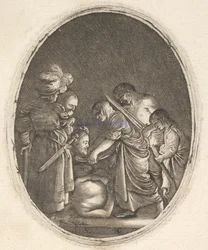 Salome ontvangt het hoofd van Johannes de Doper, omringd door drie mannen en een kind..., ca. 1610