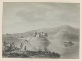 Gezicht op een rivier met enkele huizen, mogelijk Berg en Dal