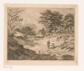 Landschap met persoon die een ander de weg wijst