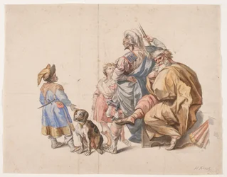 Figurencompositie met een zwarte hofnar en een hond
