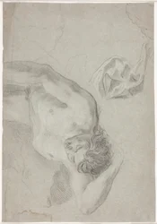 Mannelijke modelstudie, liggend op de rug, kniestuk en draperiestudie