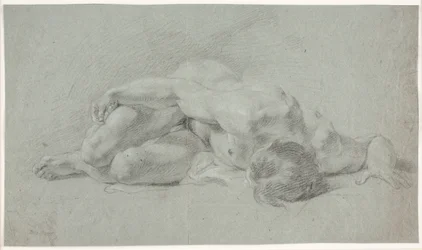 Mannelijke modelstudie, liggend, ineengedoken