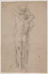 Staande mannelijke figuur, vastgehouden door bebaarde man
