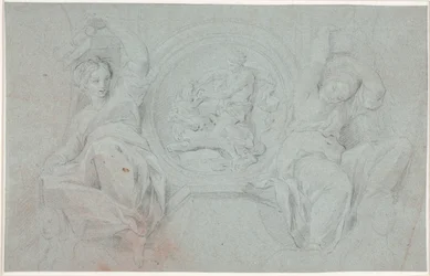 Twee zittende vrouwenfiguren rond een medaillon met Herakles