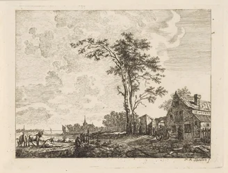 Landschap met huis aan een rivier