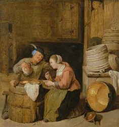 Een interieur scène met twee boeren