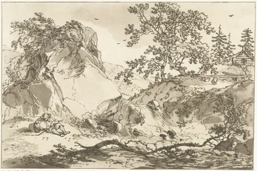 Heuvelachtig landschap met een rustende man