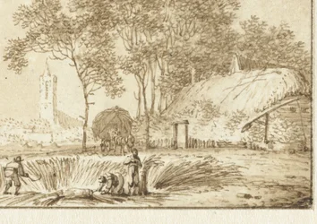 Maaiers bij een boerenhoeve