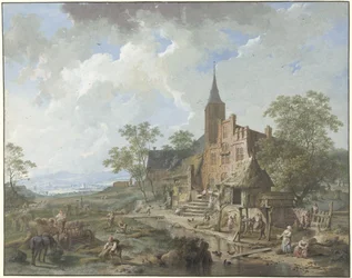 Oogst bij een dorp in een heuvelig landschap