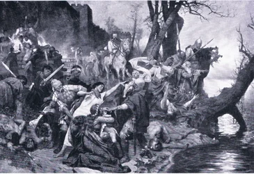 Krijgers van Sviatoslav bij het bloedbad onder de muren van Drster, illustratie uit Landmarks in European History