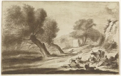 Landschap met rustende herders en vee