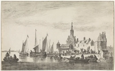 Riviergezicht met handelaren aan een oever bij huizen