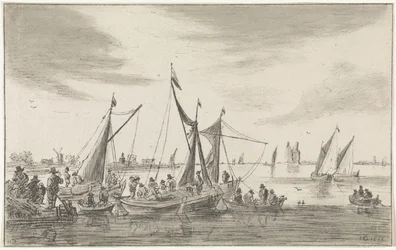Riviergezicht met zeilschepen