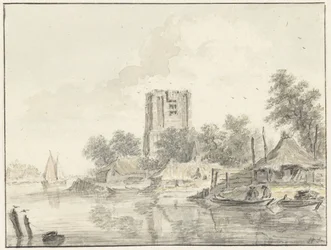 Rivierlandschap met een grote stompe kerktoren