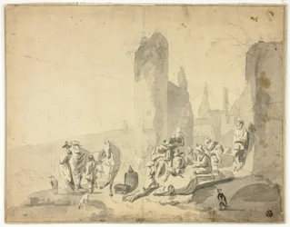 Havenscène met verschillende figuren