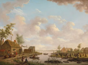 Landschap met vissers en turfstekende boeren in het laagveen