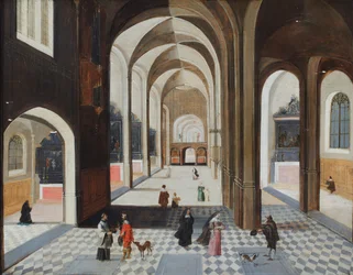 Een kerkinterieur met figuren waaronder een man in het rood die praat met een geestelijke (olieverf op doek)