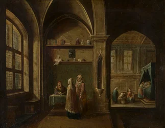 Een Renaissance-interieur met figuren: De geboorte van St. Jan