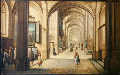 Kerkinterieur met een koster die een schilderij aan bezoekers toont, 1608