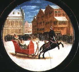 Winterlandschap met figuren in een paardenslee