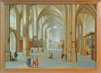 Kerkinterieur met bezoekers ...