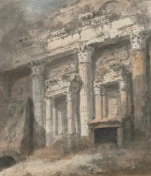 Gevel van een verwoeste (?) Romeinse tempel, met zuilen en deuropening
