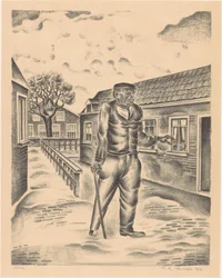 Man met houten been en wandelstok
