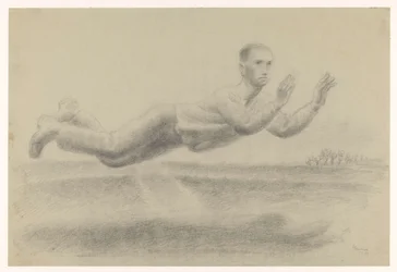 Zelfportret met geheven handen zwevend in een landschap