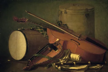 Muziekinstrumenten, trommel, viool, fluit en draailier, door Henri Horace Roland de la Porte (1724-1793). Frankrijk