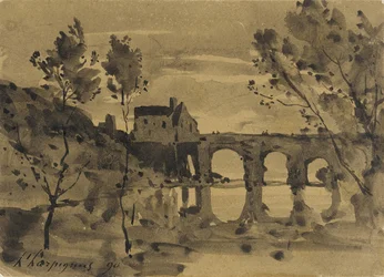 Rivierlandschap met brug en huis