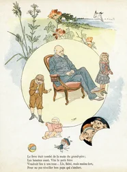 Gravure in "Alphabet des bons exemples". Jules Levy, uitgever. Illustraties door Henri Boulanger, alias Henri Gray. Teksten door mevrouw P. Boulanger. Gravure en druk door Ch. Gillot, 79 rue Madame, Parijs. Rond 1890. Vind in elk beeld het beroemde werk