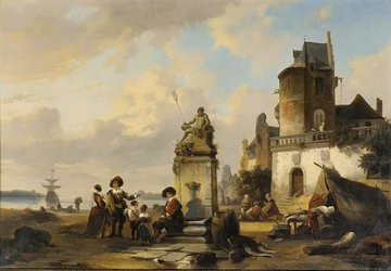 Elegante figuren zitten door een fontein, een haven buiten