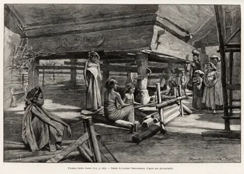 Batak vrouwen, etnische groep uit Noord-Sumatra, aan het weven. Gravure door Laurent Desrousseaux ter illustratie van het verhaal 