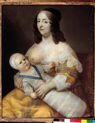 Voorstelling van de toekomstige koning Lodewijk XIV als baby, in een zwempak in de armen van zijn verpleegster Marie de Longuet de la Giraudiere