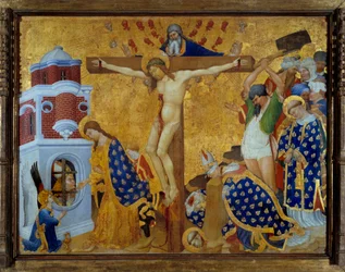 Altaarstuk van Sint-Denis (voltooid in 1416) voor de kerk van de Chartreuse van Champmol Scène van kruisiging en onthoofding van Sint-Denis van Parijs - Schilderij op hout overgebracht op doek door Henri Bellechose (1380-1440) 1416